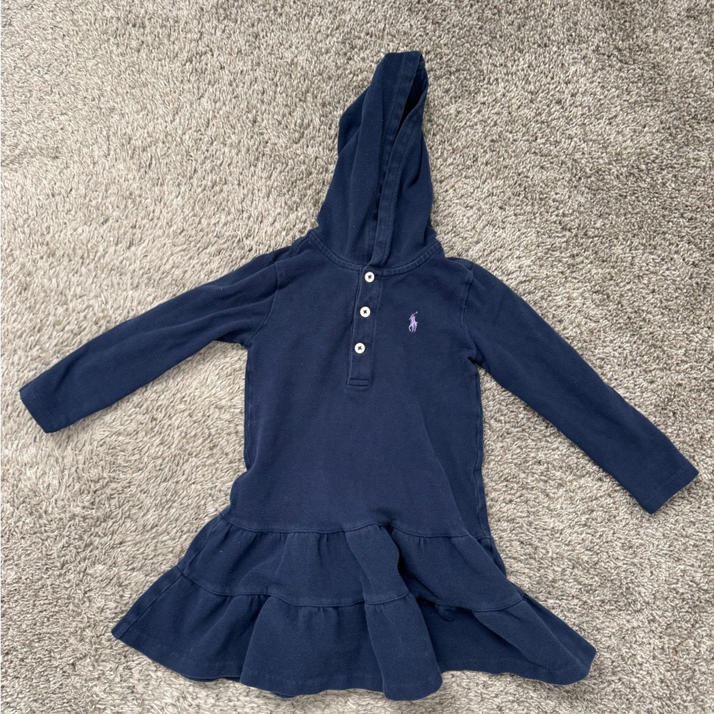 Polo by Ralph Lauren Blue Ruffled Dress with Long Sleeves and Polo Collar